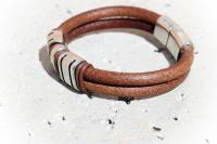 Rustic Tan Contemporary Double Layer Leather & Steel Bracelet - Customisable