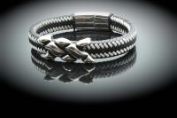 Wide Braid Black & White Leather Bracelet Interwoven Design