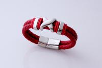 Red Double Layer Leather & Steel Bracelet - Customisable
