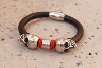 Double Skull Leather & Steel Bracelet - Customisable!!