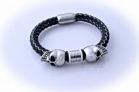 Double Skull Silk Leather & Steel Bracelet - Customise!