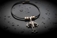 Black and Silver Crystal Cross On Genuine Leather Round Cord - Heavy Dramatic Pi
