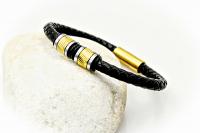 Gold Polished Stripe Bead Leather Bracelet