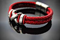 Red Double Layer Leather & Steel Bracelet - Customisable