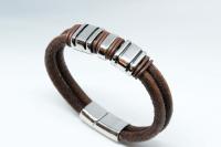 Rustic Tan Contemporary Double Layer Leather & Steel Bracelet - Customisable