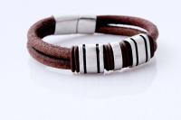 Rustic Tan Contemporary Double Layer Leather & Steel Bracelet - Customisable