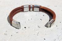 Rustic Tan Contemporary Double Layer Leather & Steel Bracelet - Customisable