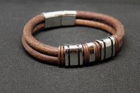 Rustic Tan Contemporary Double Layer Leather & Steel Bracelet - Customisable