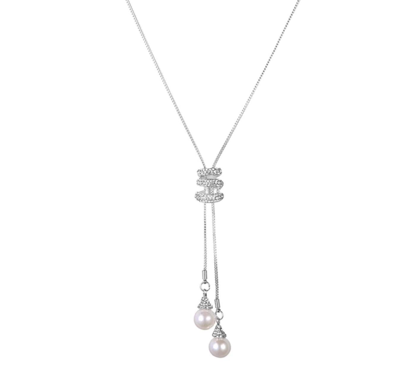 Double Pearl and Crystal Long Necklace