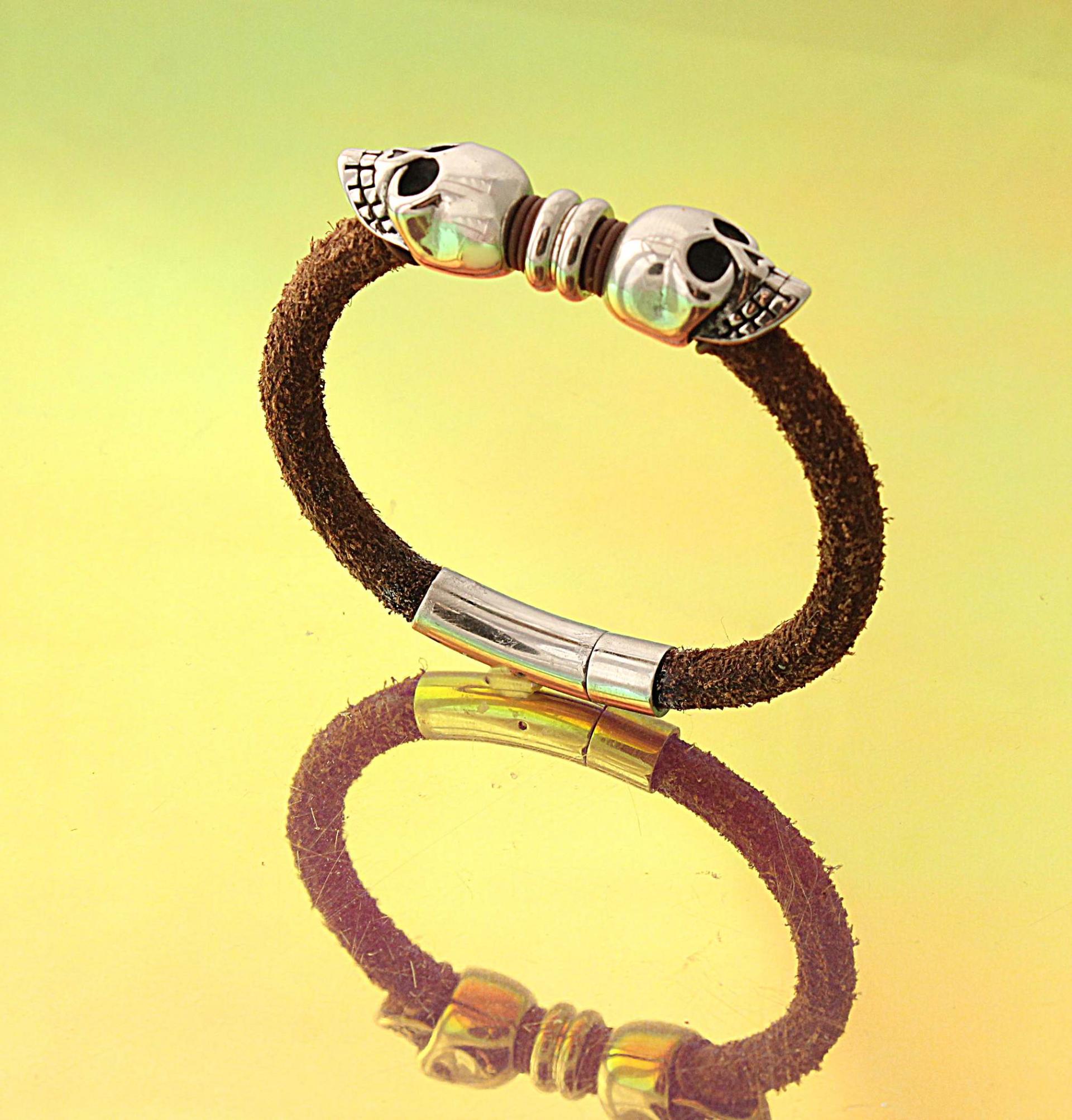 Baby Skull Rustic Brown Leather Bracelet -Customisable