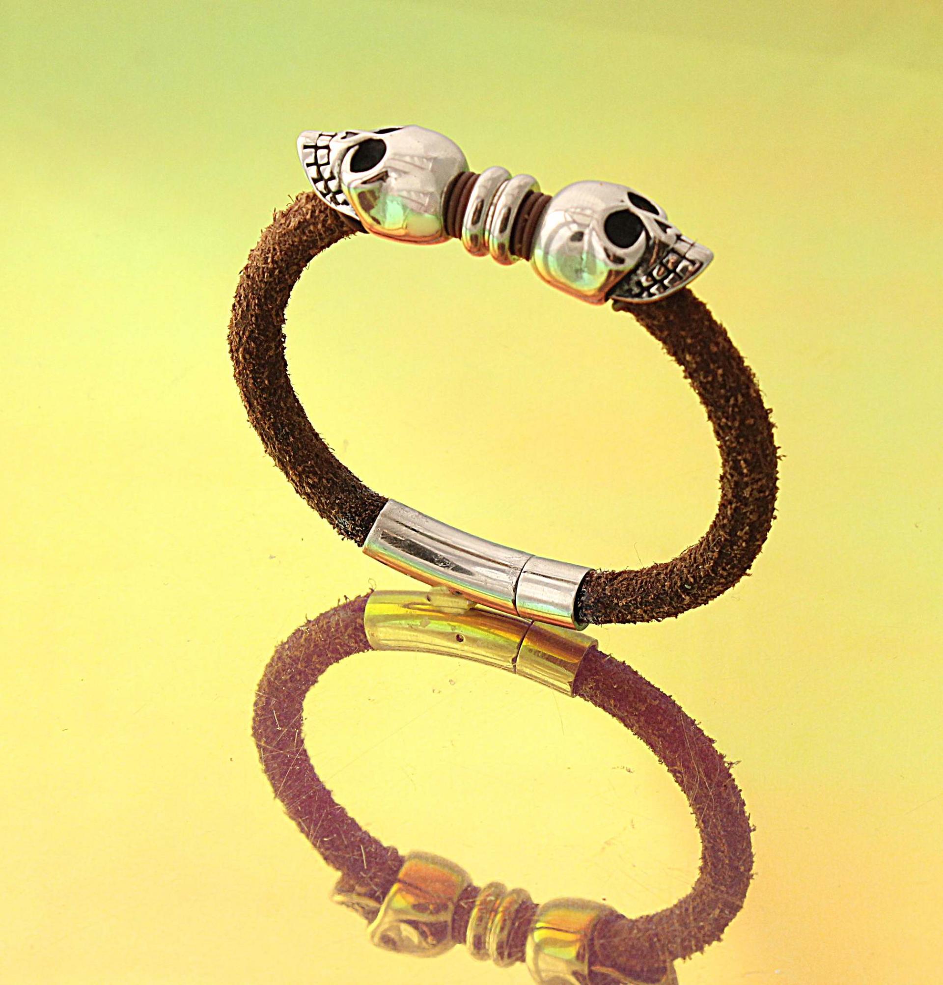 Baby Skull Rustic Brown Leather Bracelet -Customisable