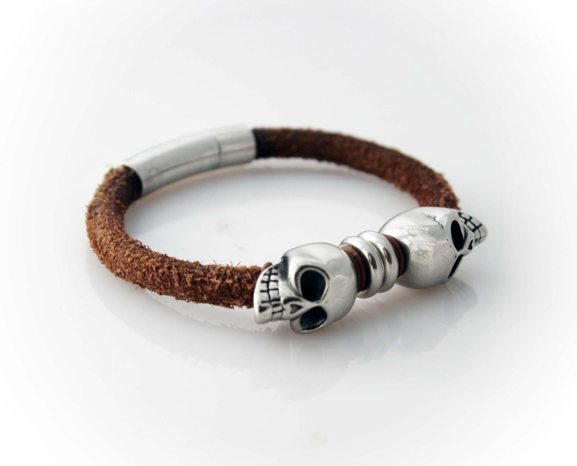 Baby Skull Rustic Brown Leather Bracelet -Customisable