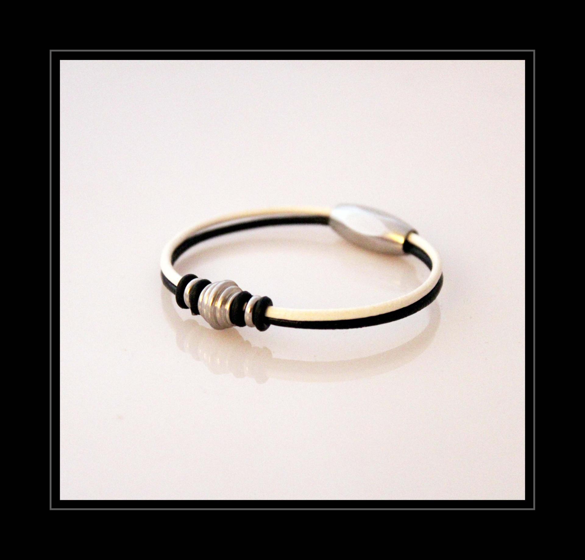 Black and White Leather & Stainless Steel Bracelet
