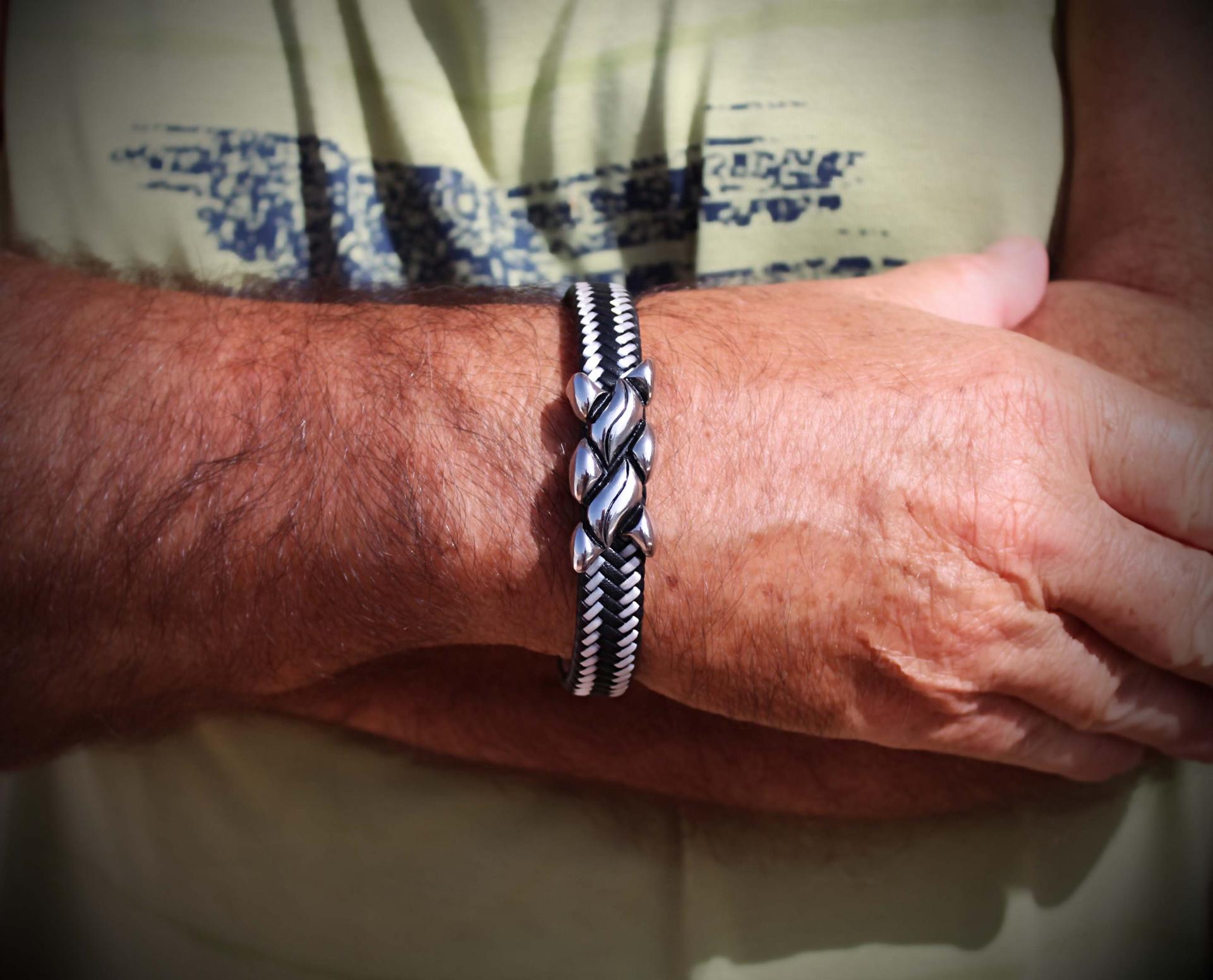 Wide Braid Black & White Leather Bracelet Interwoven Design