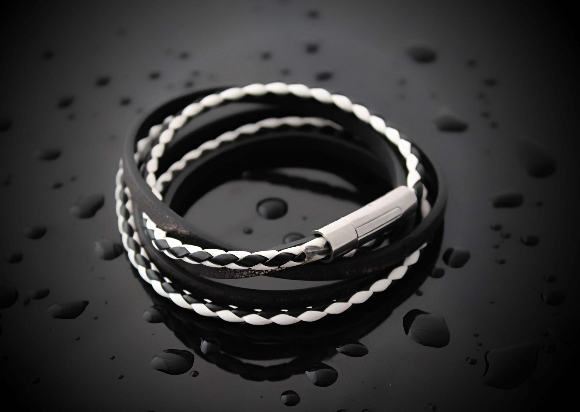 Leather Multiwrap Double Strand Black & White  Bracelet - Crafted To Size