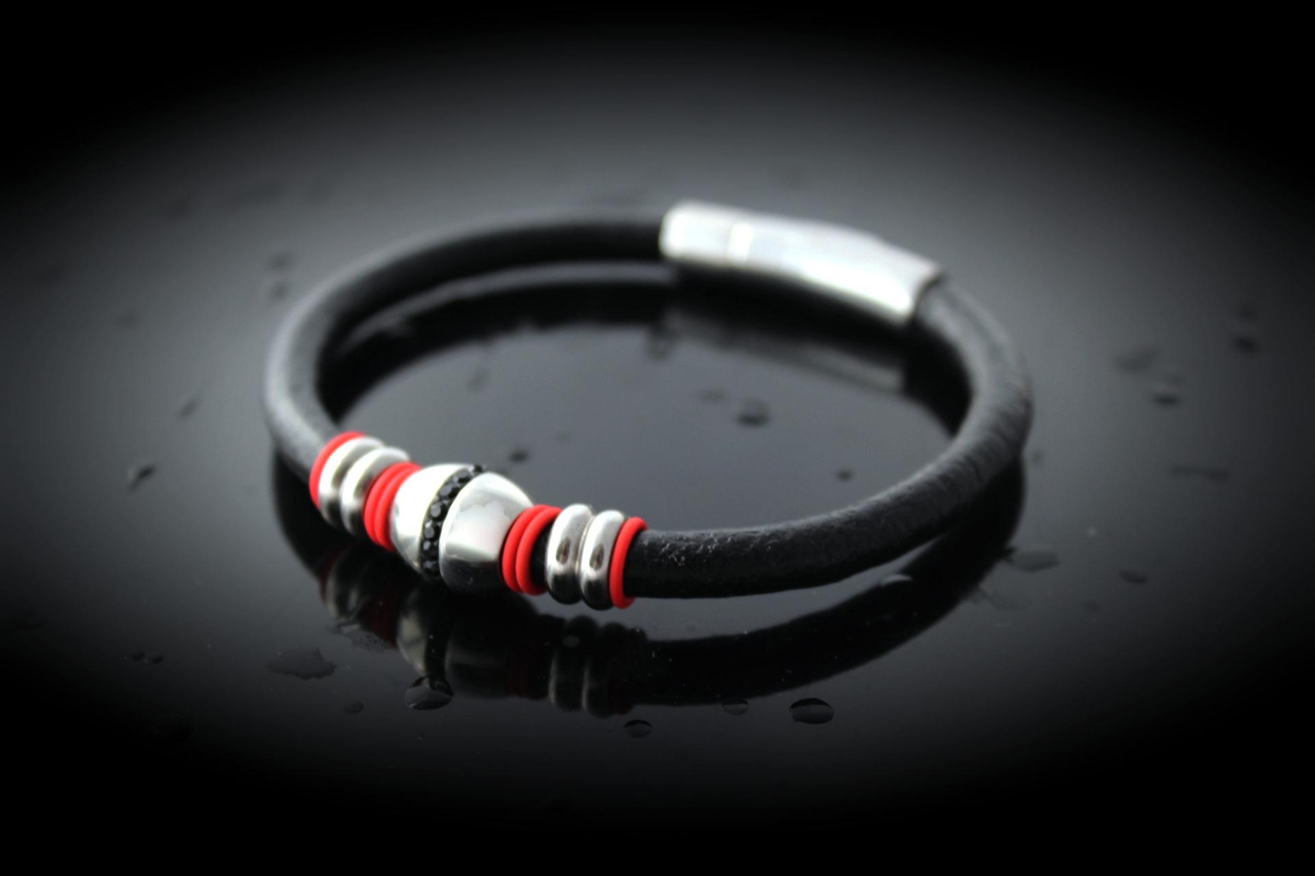 Leather Bracelet with Black Crystal Design - Customise Colour & Size