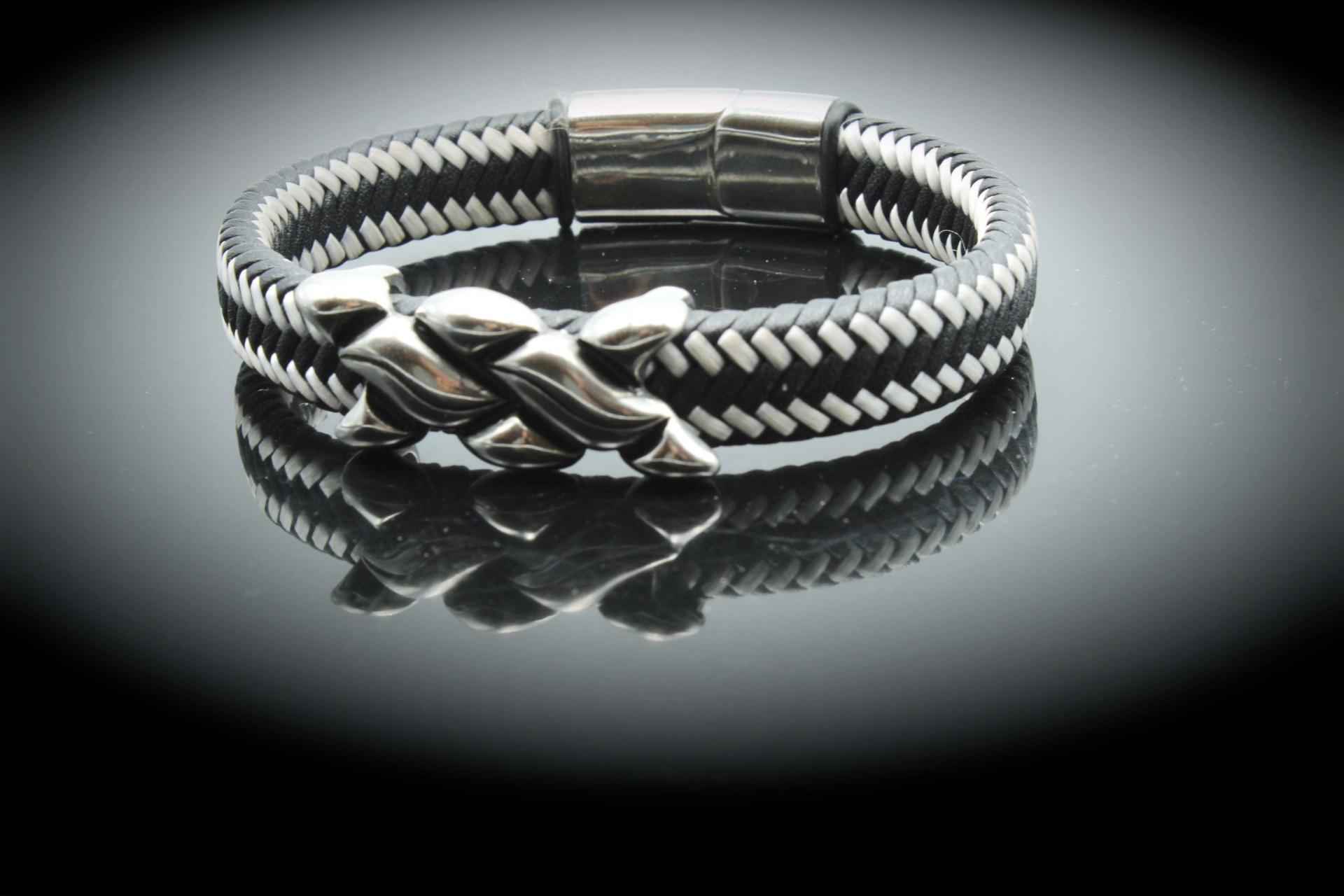 Wide Braid Black & White Leather Bracelet Interwoven Design