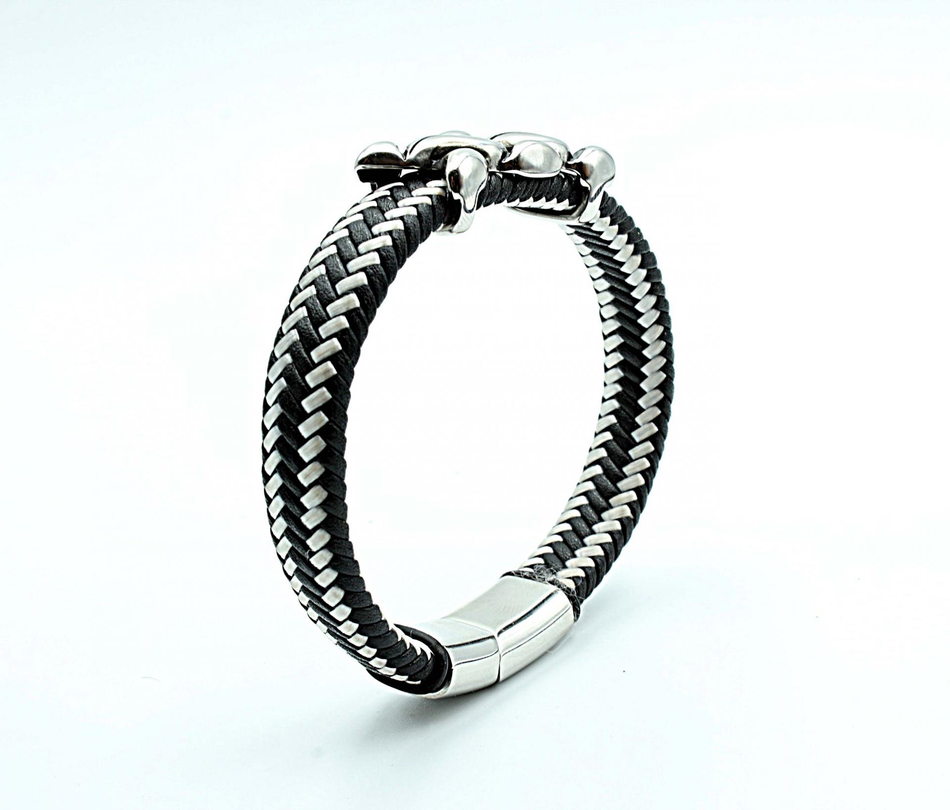 Wide Braid Black & White Leather Bracelet Interwoven Design