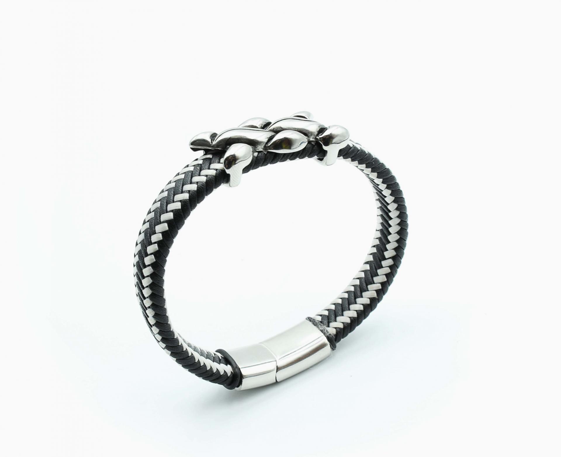 Wide Braid Black & White Leather Bracelet Interwoven Design