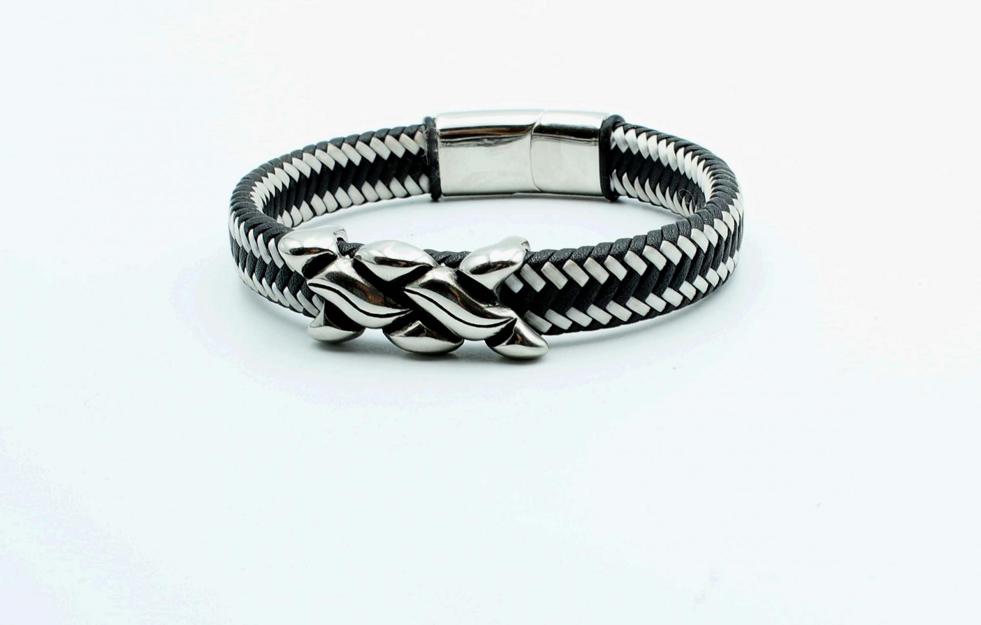 Wide Braid Black & White Leather Bracelet Interwoven Design