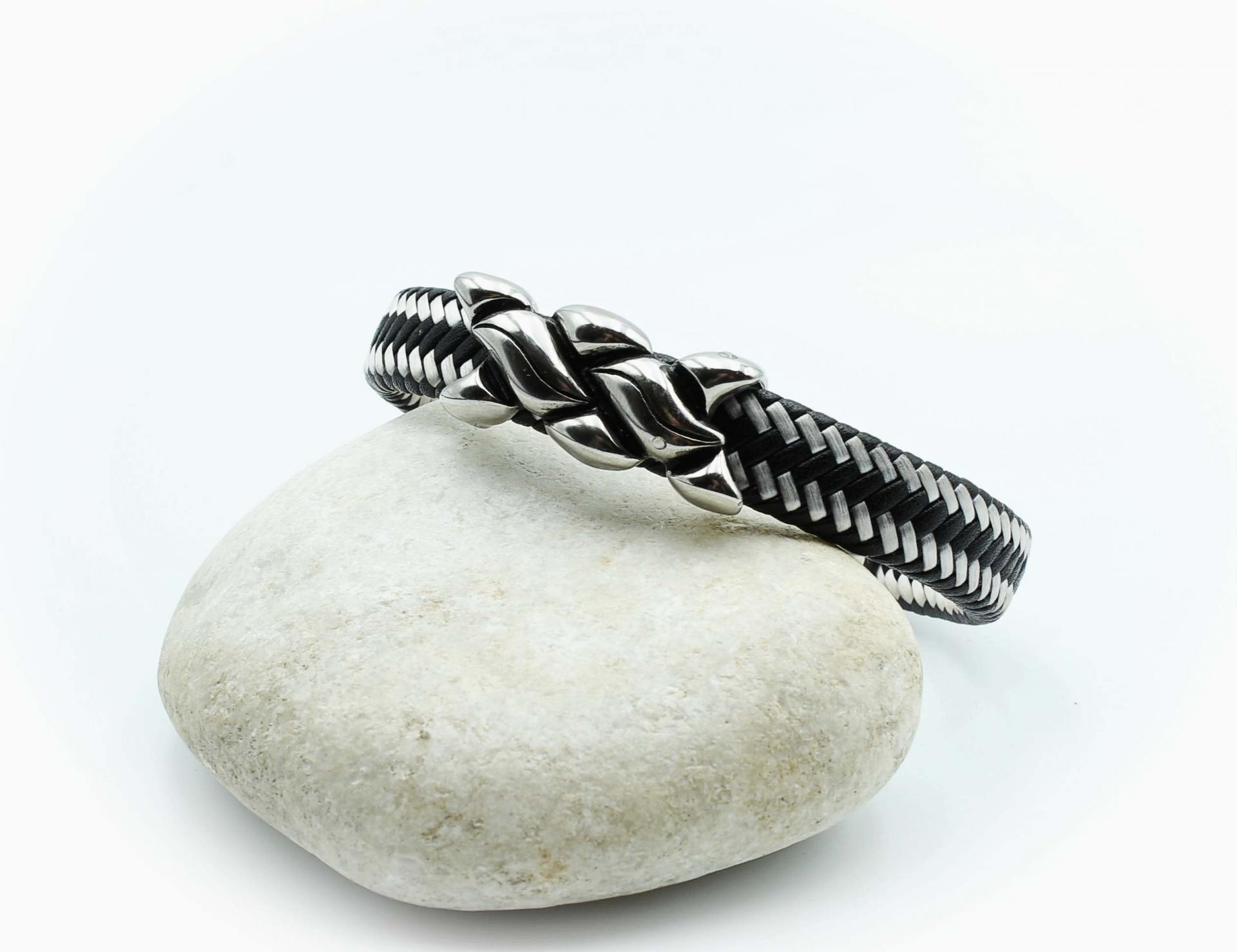 Wide Braid Black & White Leather Bracelet Interwoven Design