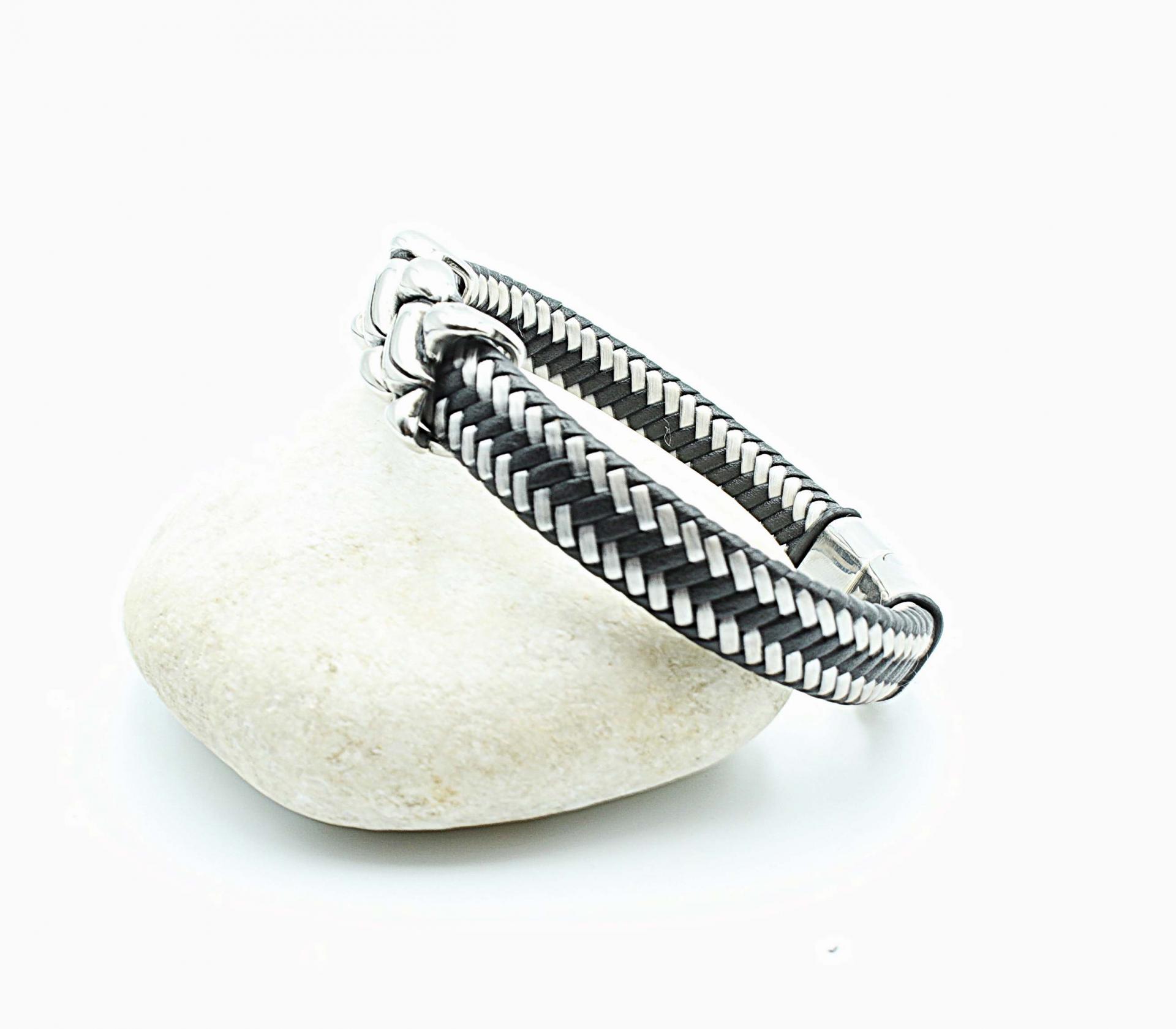 Wide Braid Black & White Leather Bracelet Interwoven Design