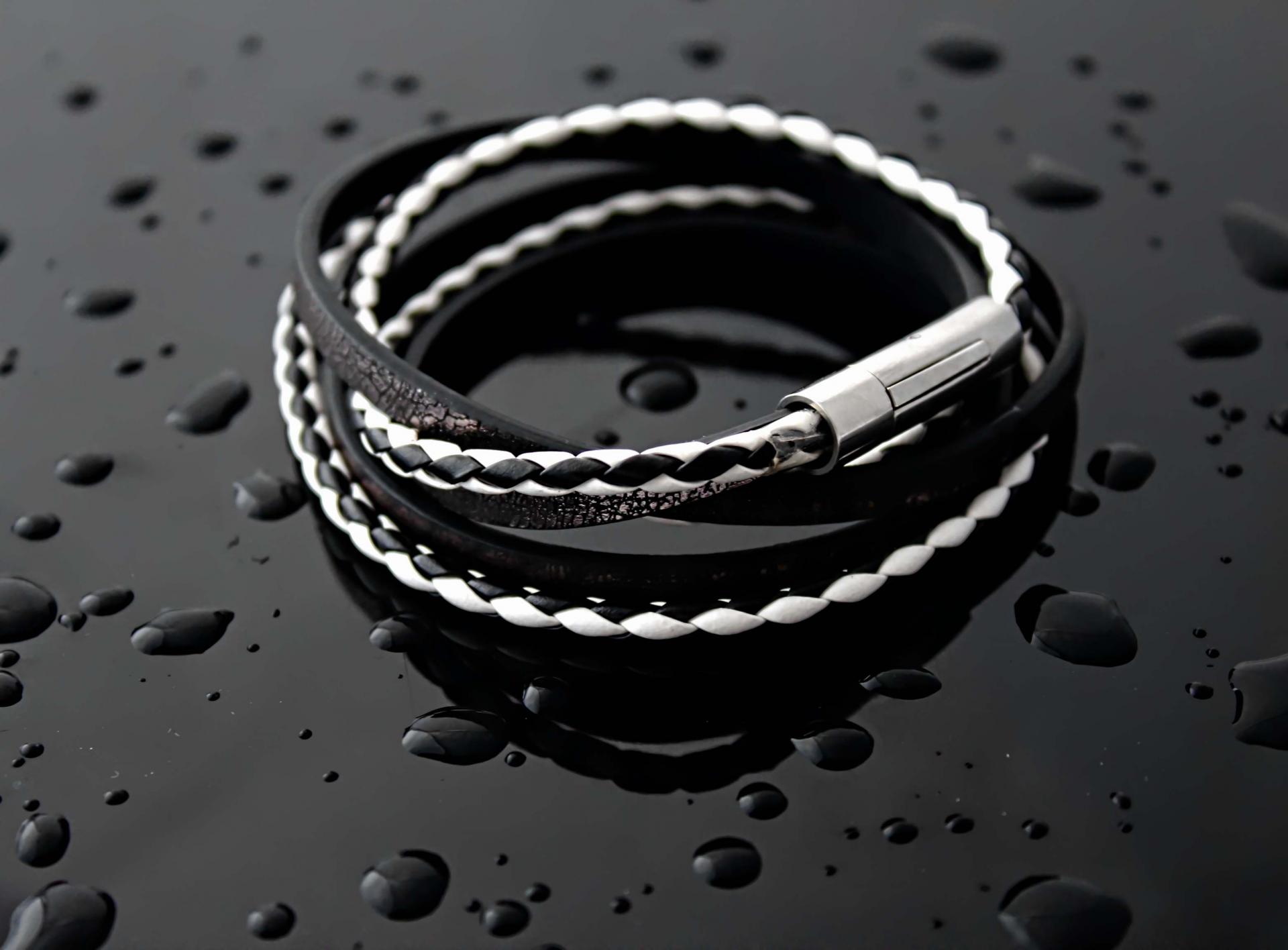 Leather Multiwrap Double Strand Black & White  Bracelet - Crafted To Size