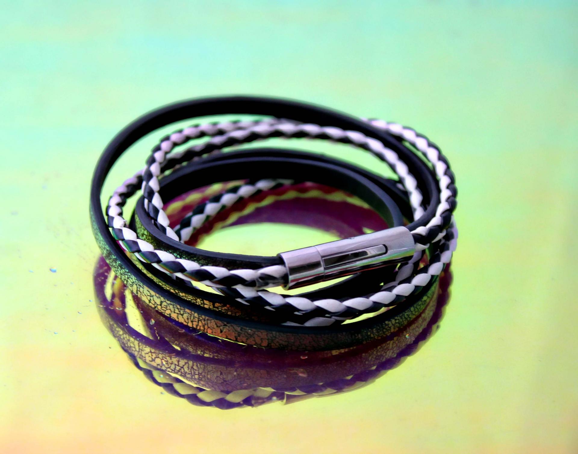 Leather Multiwrap Double Strand Black & White  Bracelet - Crafted To Size