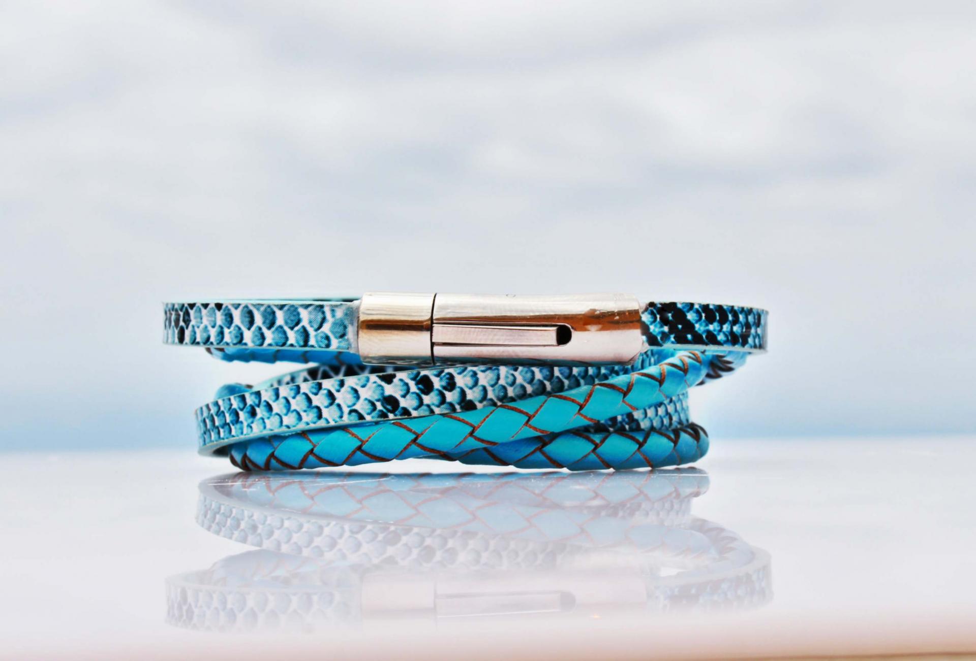 Blue Coiled Snake Wrap Around Double Layer Bracelet