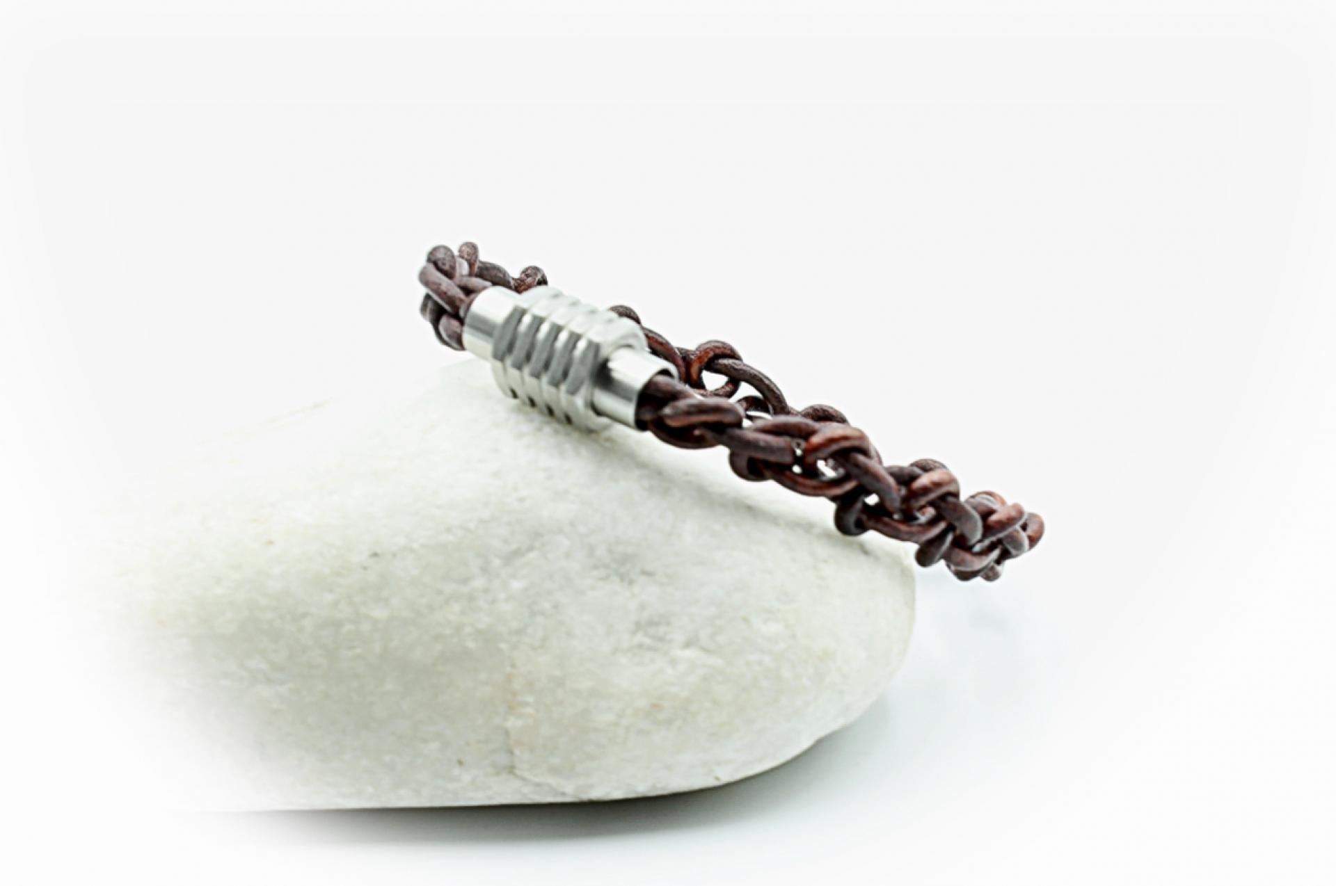 Cognac Leather Link Chain Unisex Bracelet