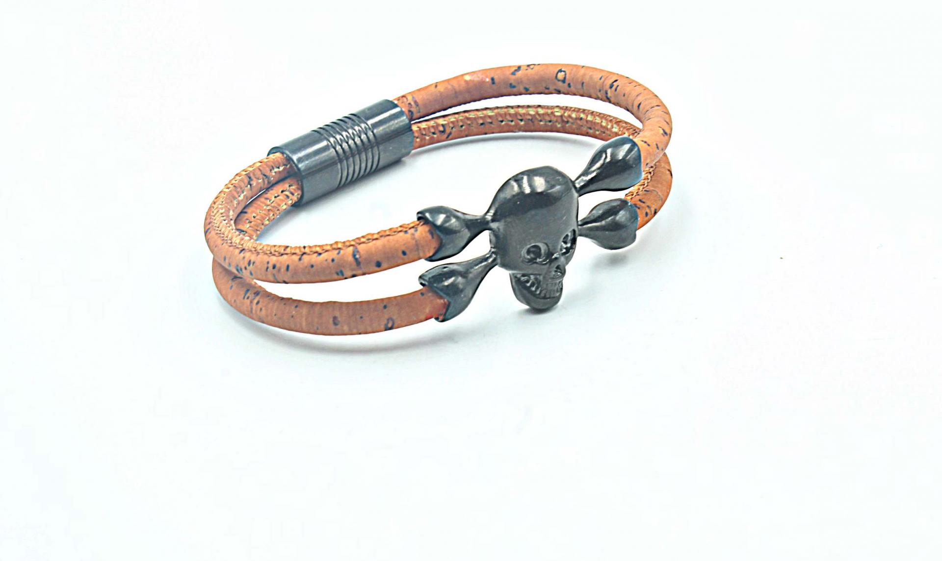 Black Skull Bracelet with Cork Leather