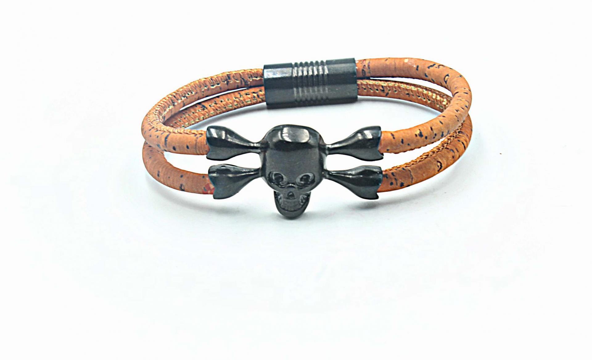 Black Skull Bracelet with Cork Leather