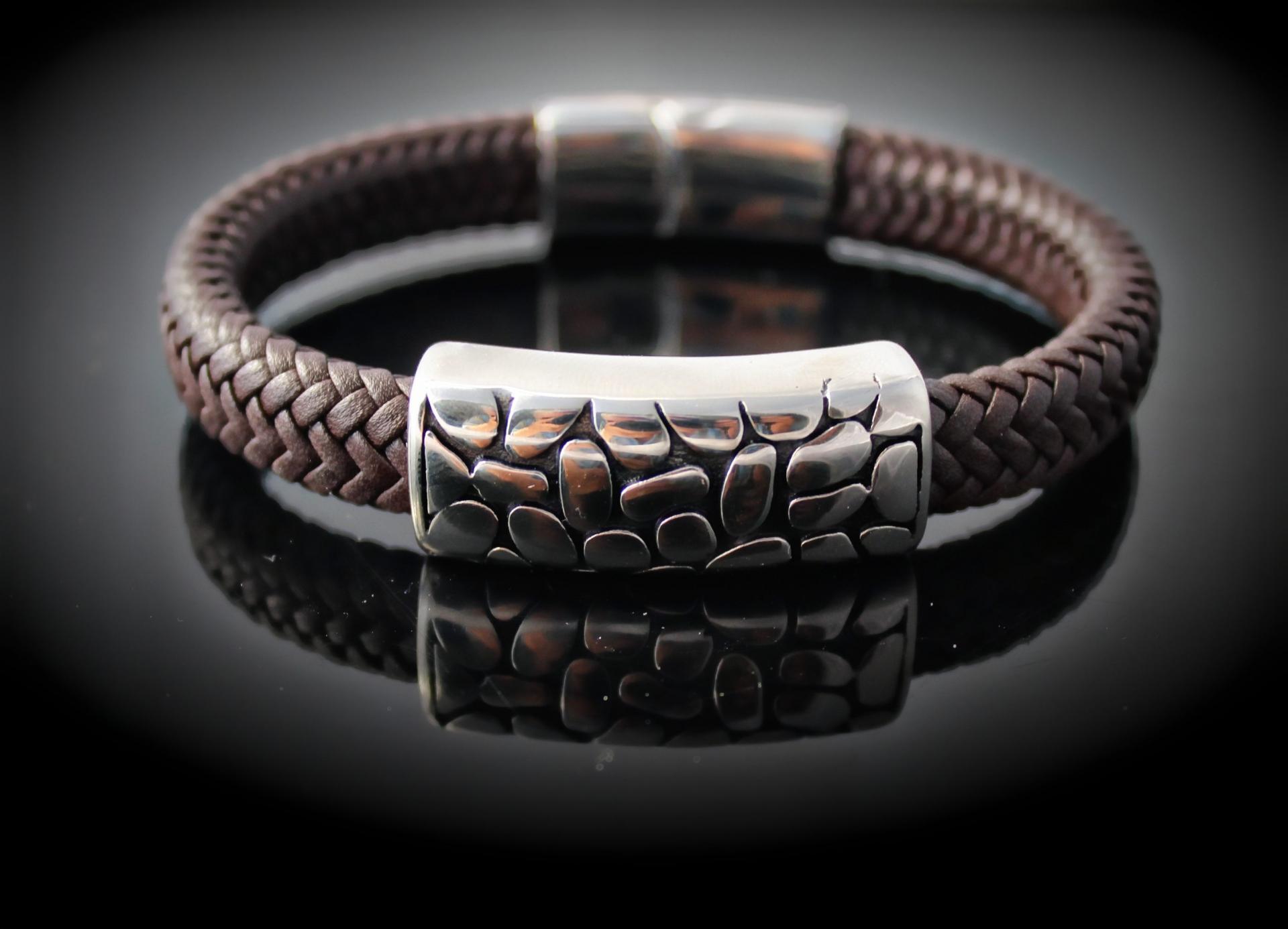 Wide Braid Leather Bracelet with Crocodile Effect Design