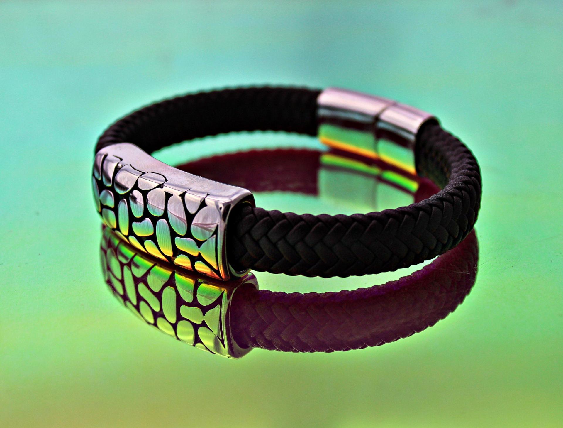 Wide Braid Leather Bracelet with Crocodile Effect Design