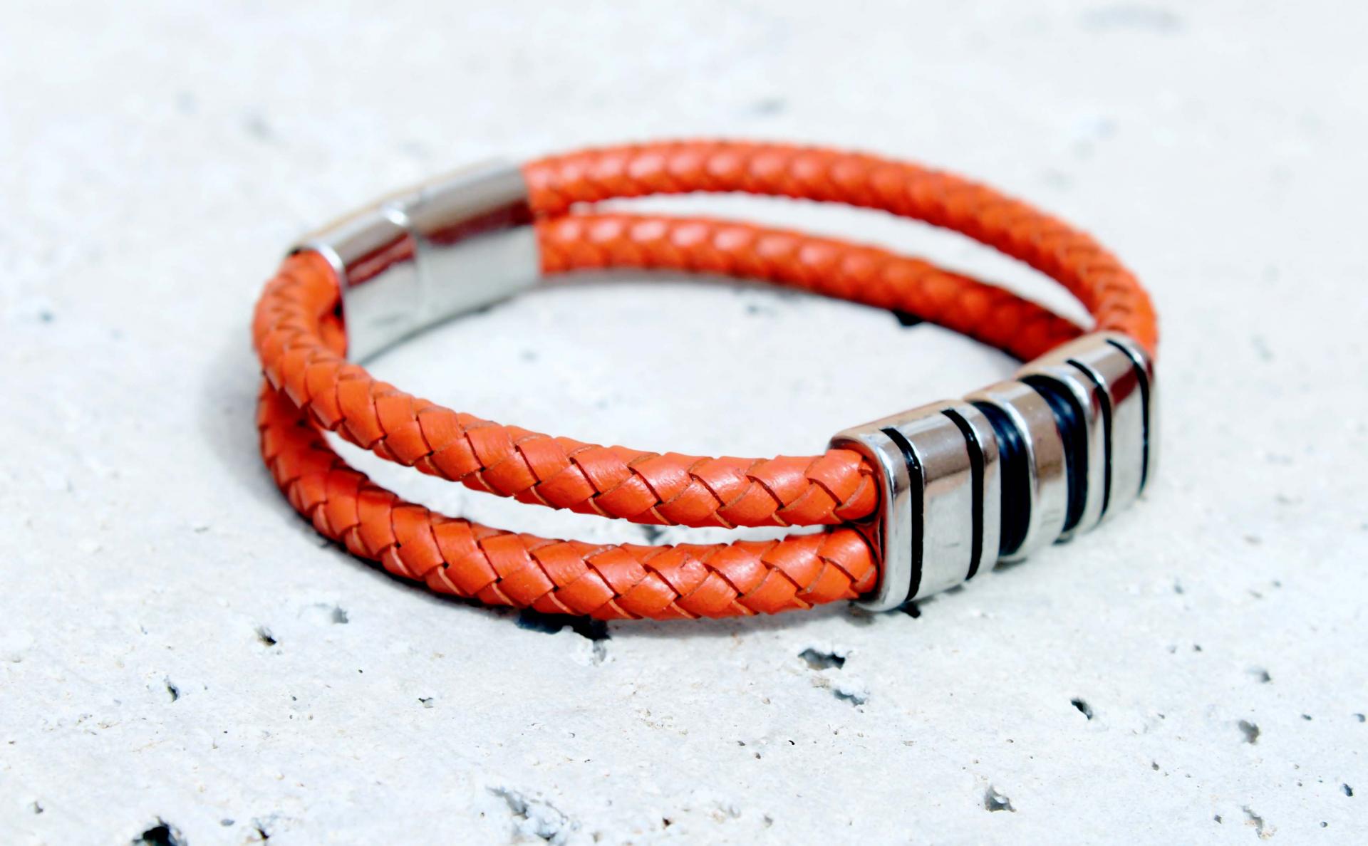 Orange Spice Multi Layer Leather & Steel Bracelet - Customisable