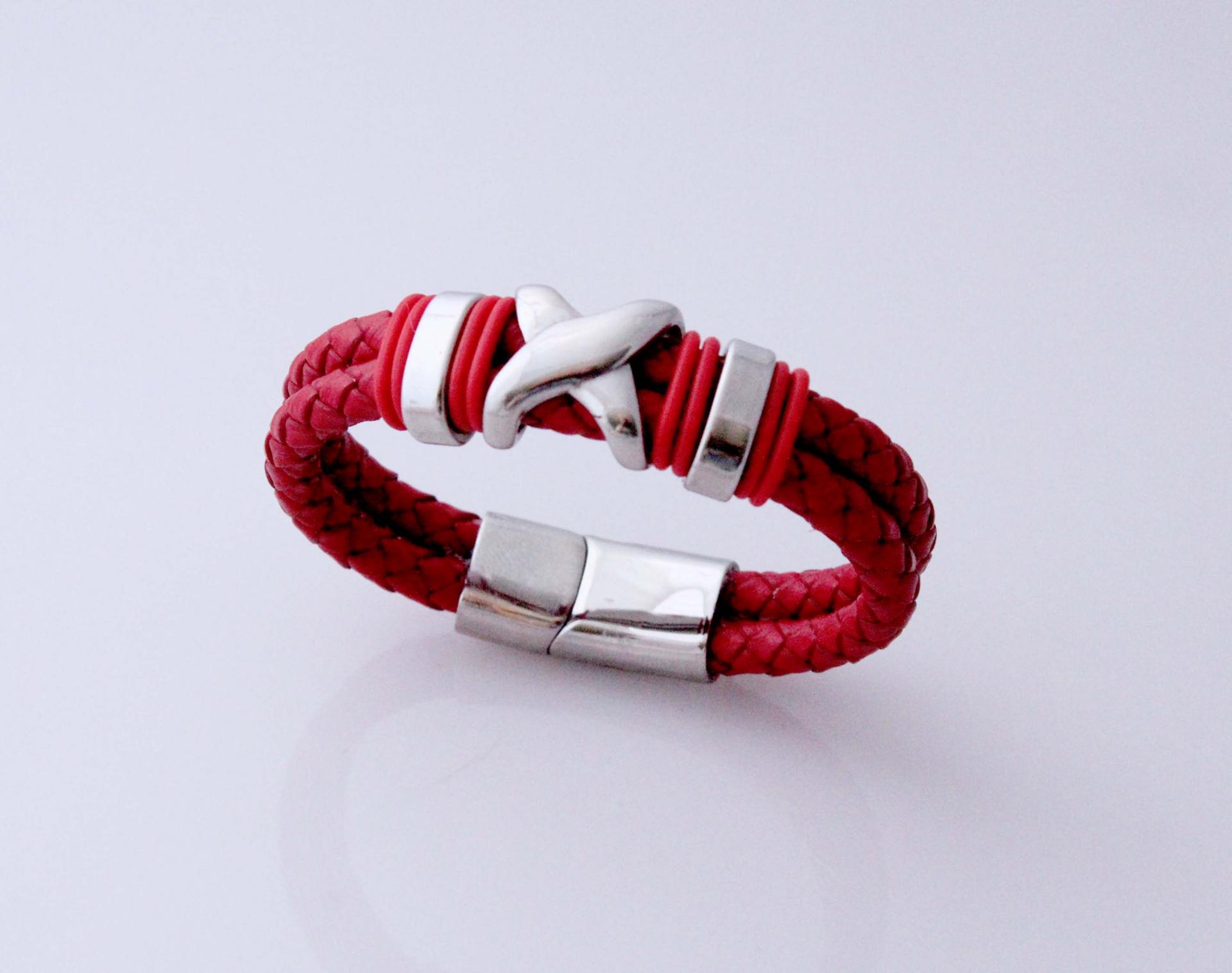 Red Double Layer Leather & Steel Bracelet - Customisable