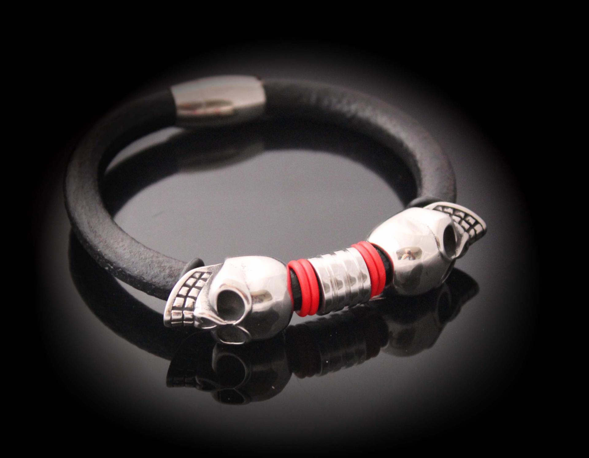 Double Skull Leather & Steel Bracelet - Customisable!!