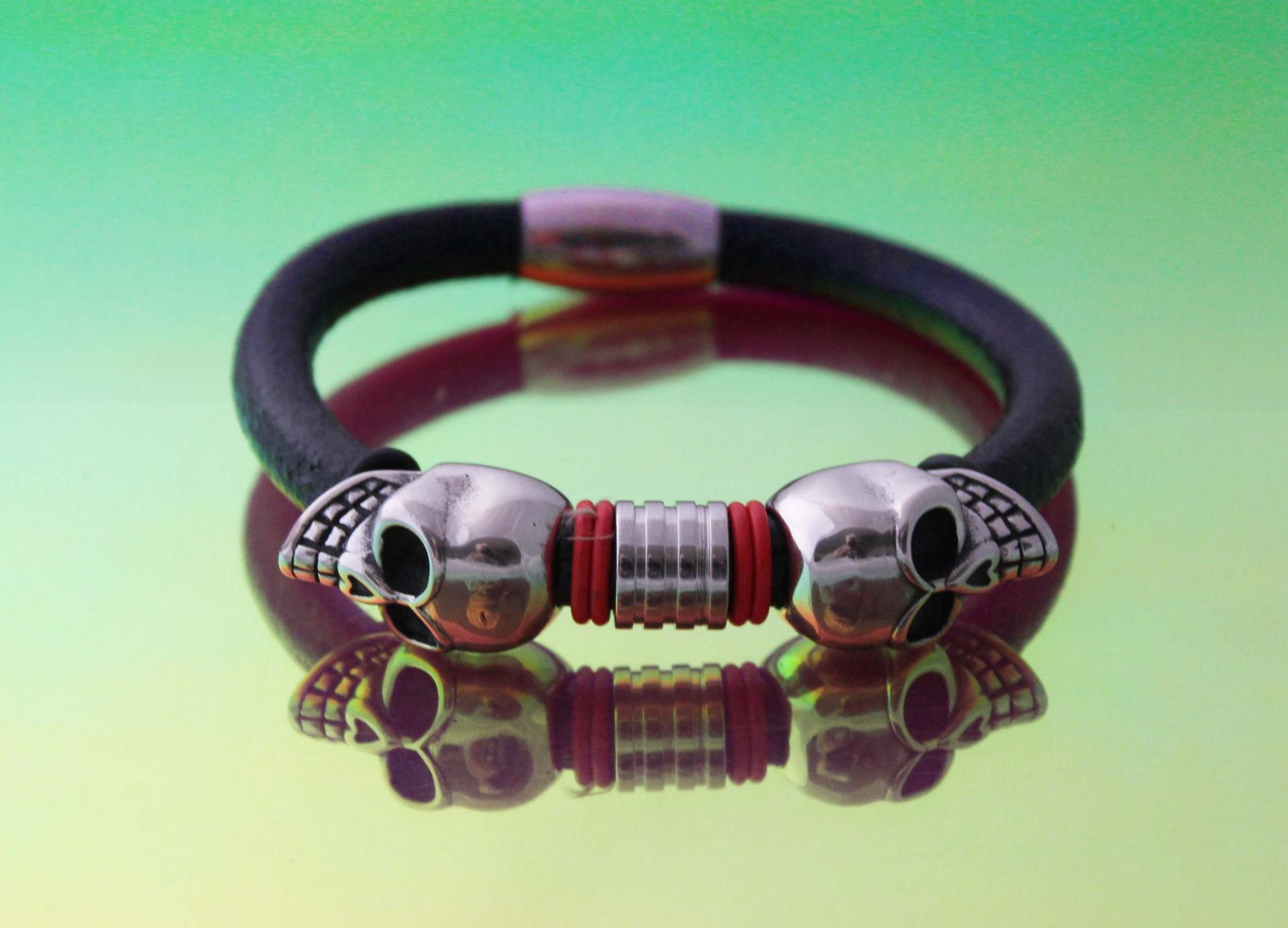 Double Skull Leather & Steel Bracelet - Customisable!!