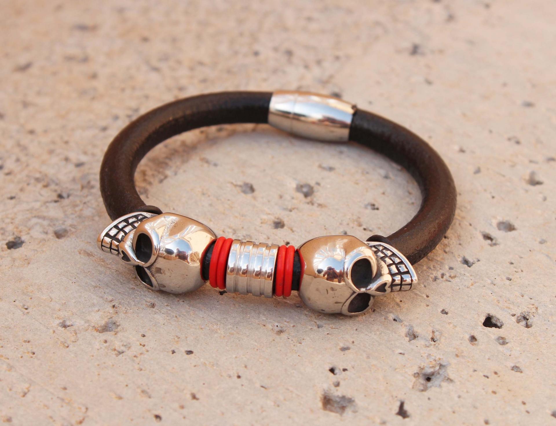 Double Skull Leather & Steel Bracelet - Customisable!!