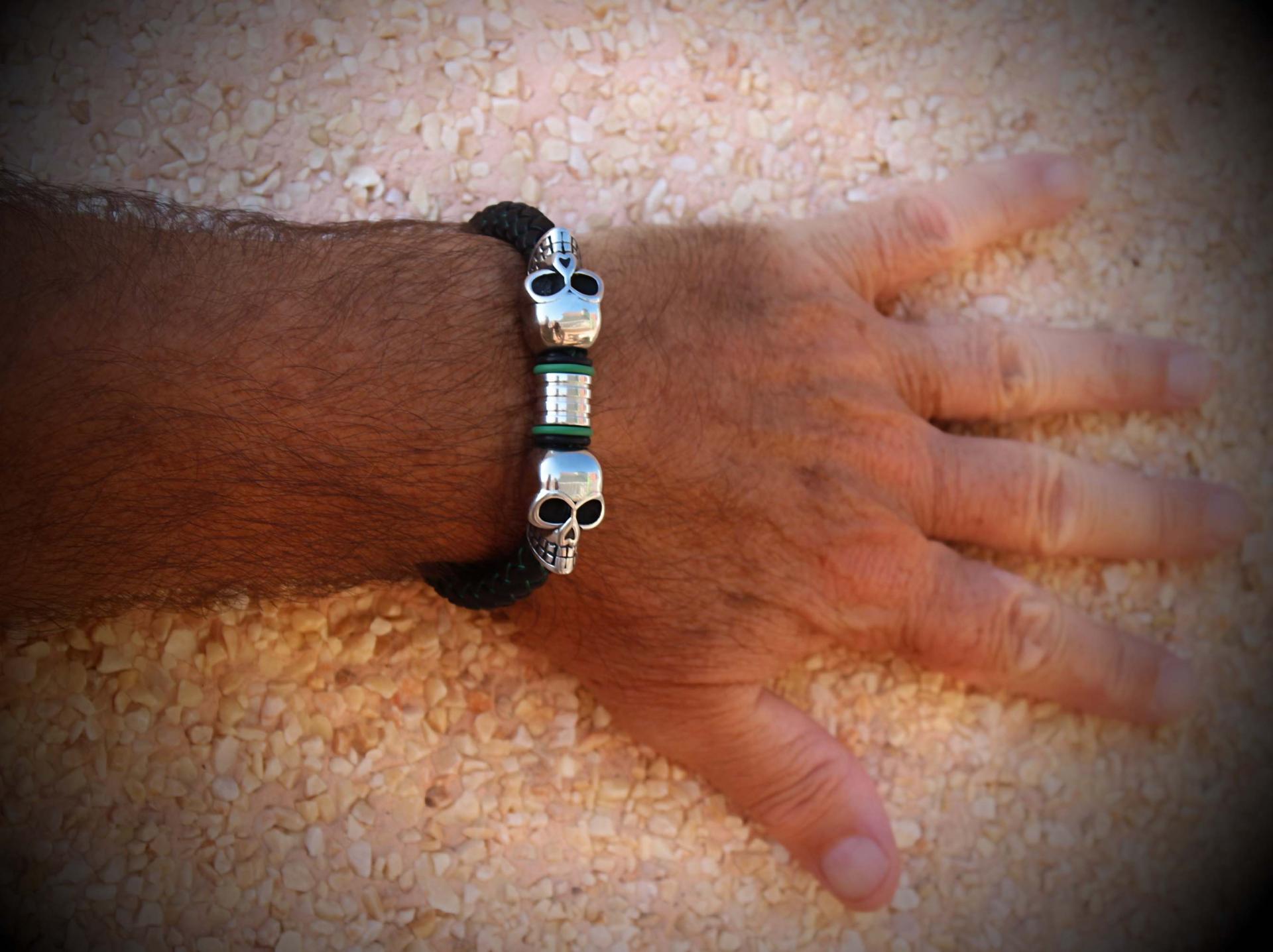 Double Skull Silk Leather & Steel Bracelet - Customise!