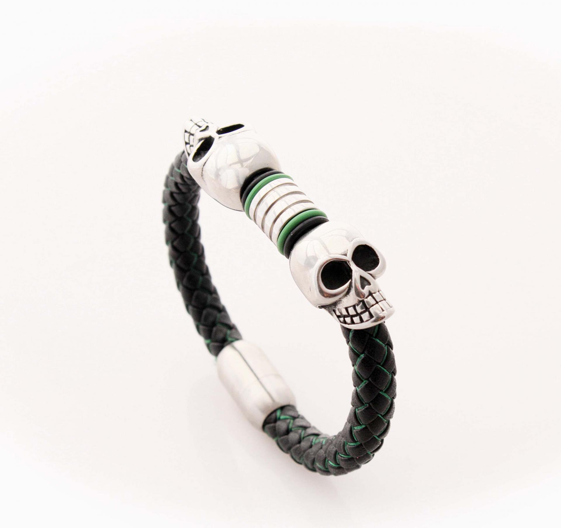 Double Skull Silk  Leather & Steel Bracelet - Customise!