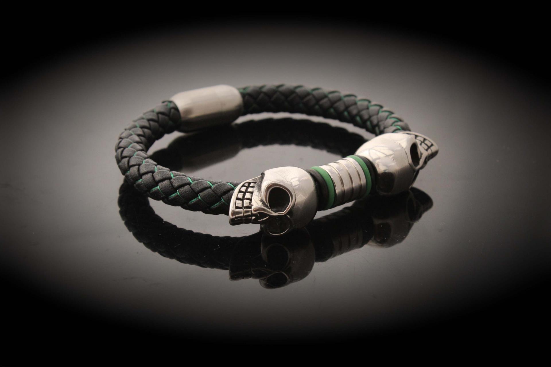 Double Skull Silk  Leather & Steel Bracelet - Customise!