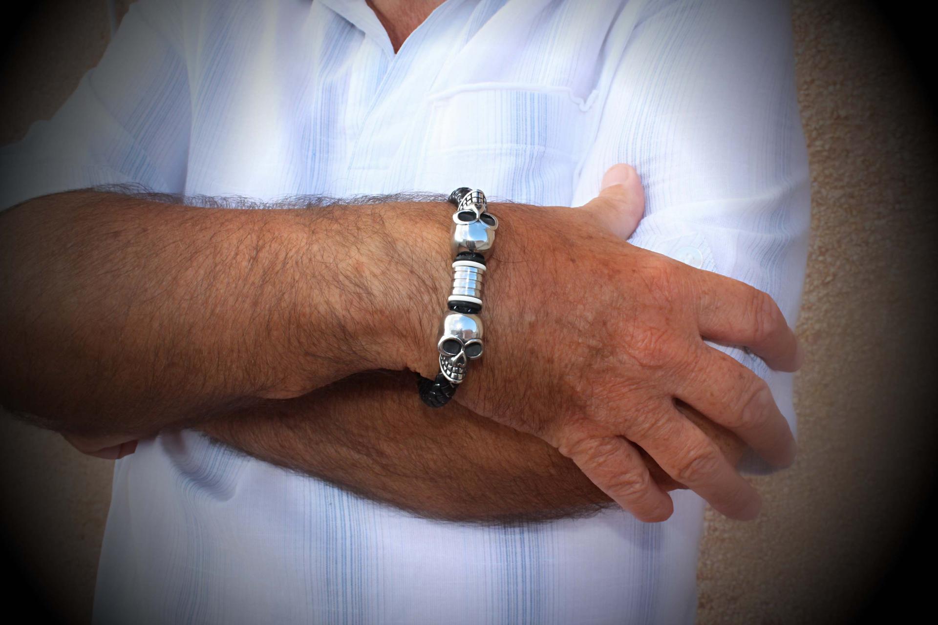 Double Skull Silk Leather & Steel Bracelet - Customise!