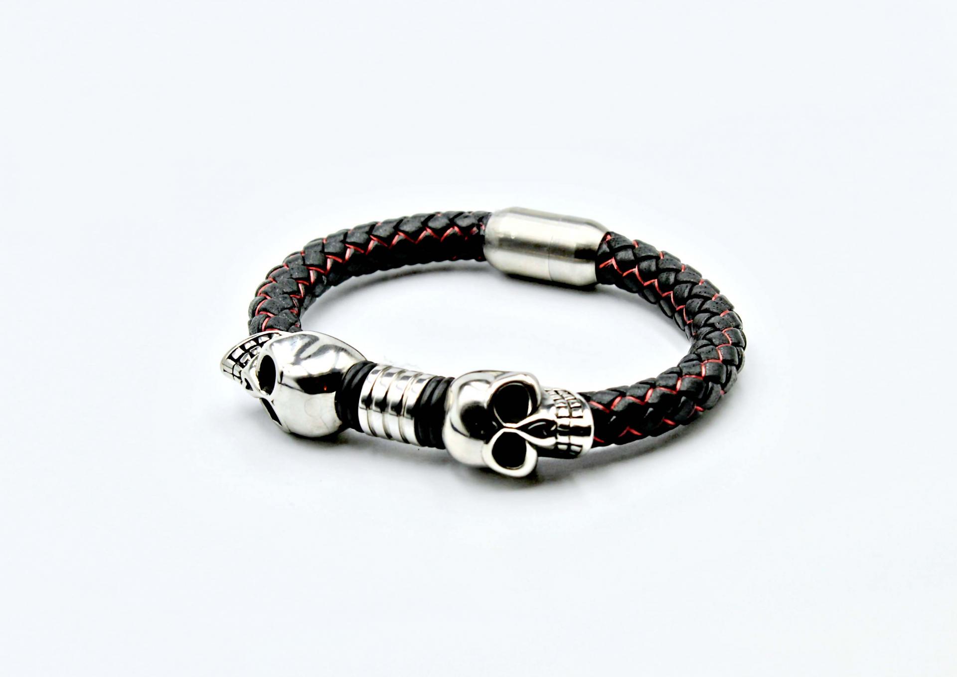 Double Skull Silk  Leather & Steel Bracelet - Customise!