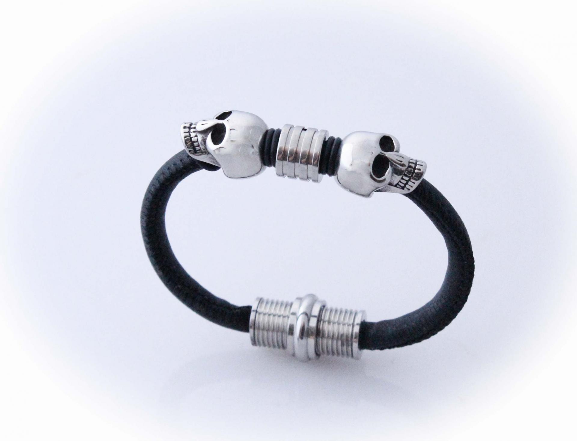 Double Skull  sheepskin Leather & Steel Bracelet - Petite Design - Customisable!