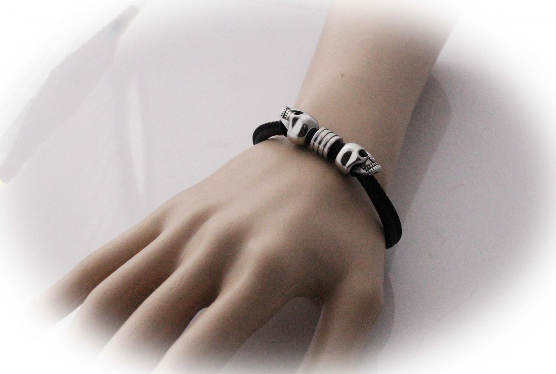 Double Skull  sheepskin Leather & Steel Bracelet - Petite Design - Customisable!