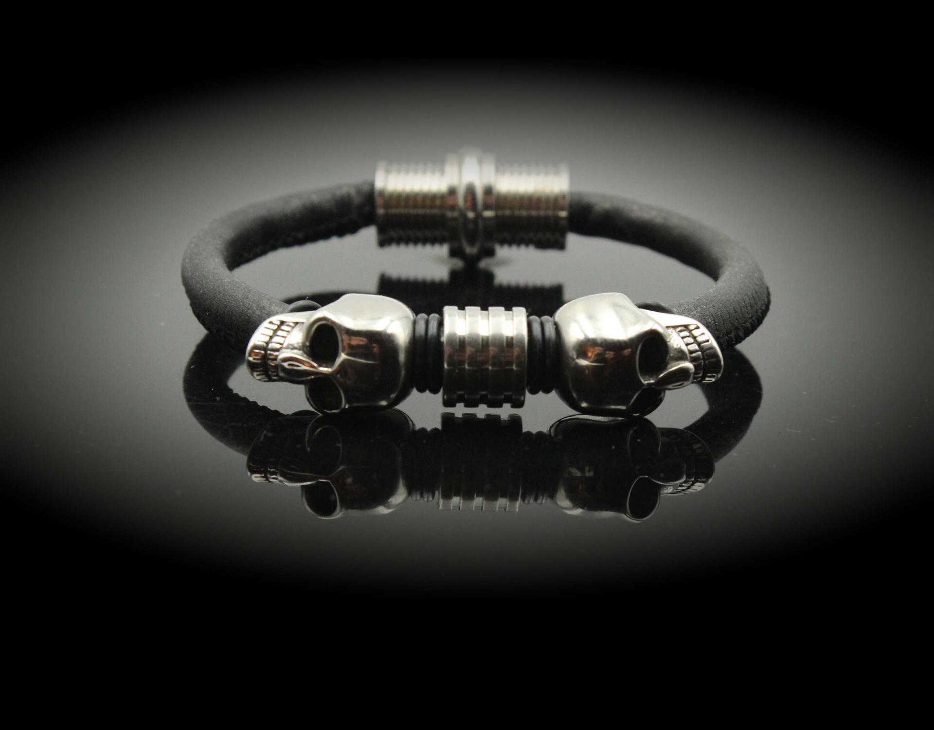Double Skull sheepskin Leather & Steel Bracelet - Petite Design - Customisable!
