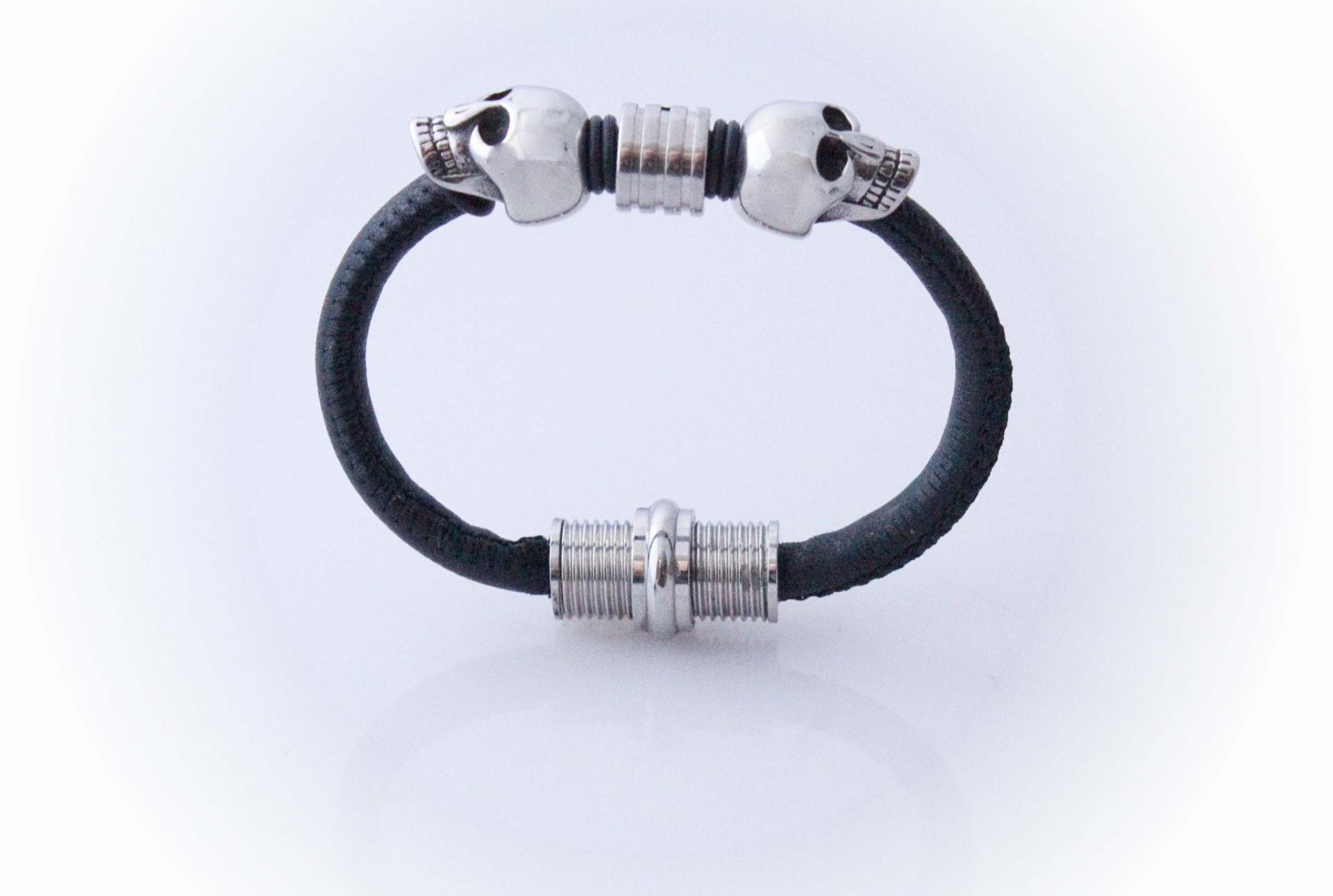 Double Skull sheepskin Leather & Steel Bracelet - Petite Design - Customisable!
