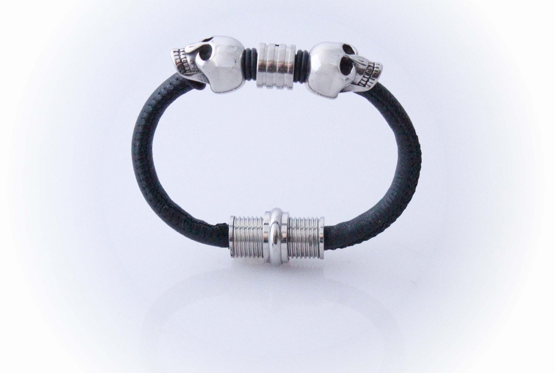 Double Skull  sheepskin Leather & Steel Bracelet - Petite Design - Customisable!