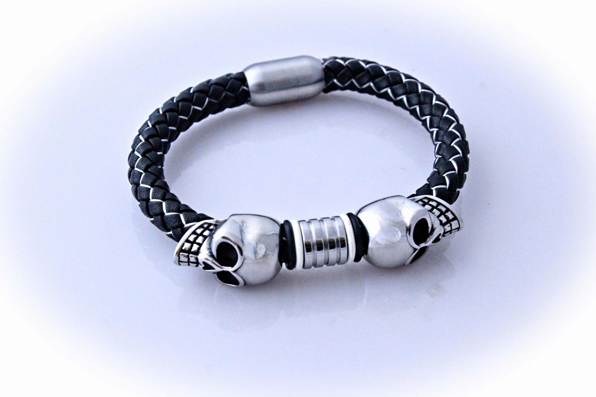 Double Skull Silk  Leather & Steel Bracelet - Customise!